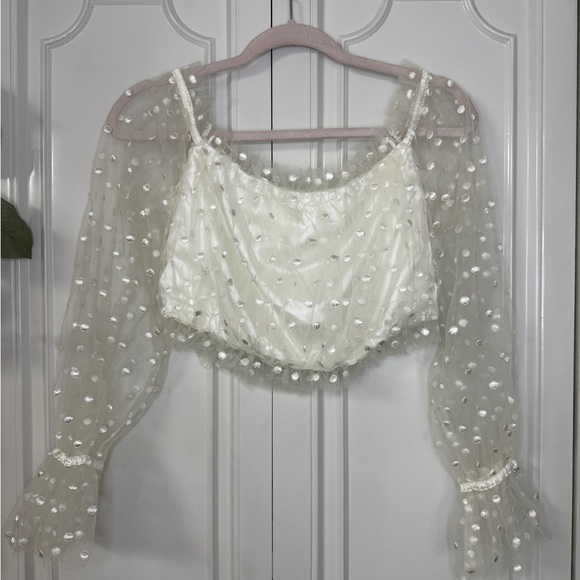 Lush Ivory Polka-Dot Sheer Sleeve Crop Top - Picture 2 of 4